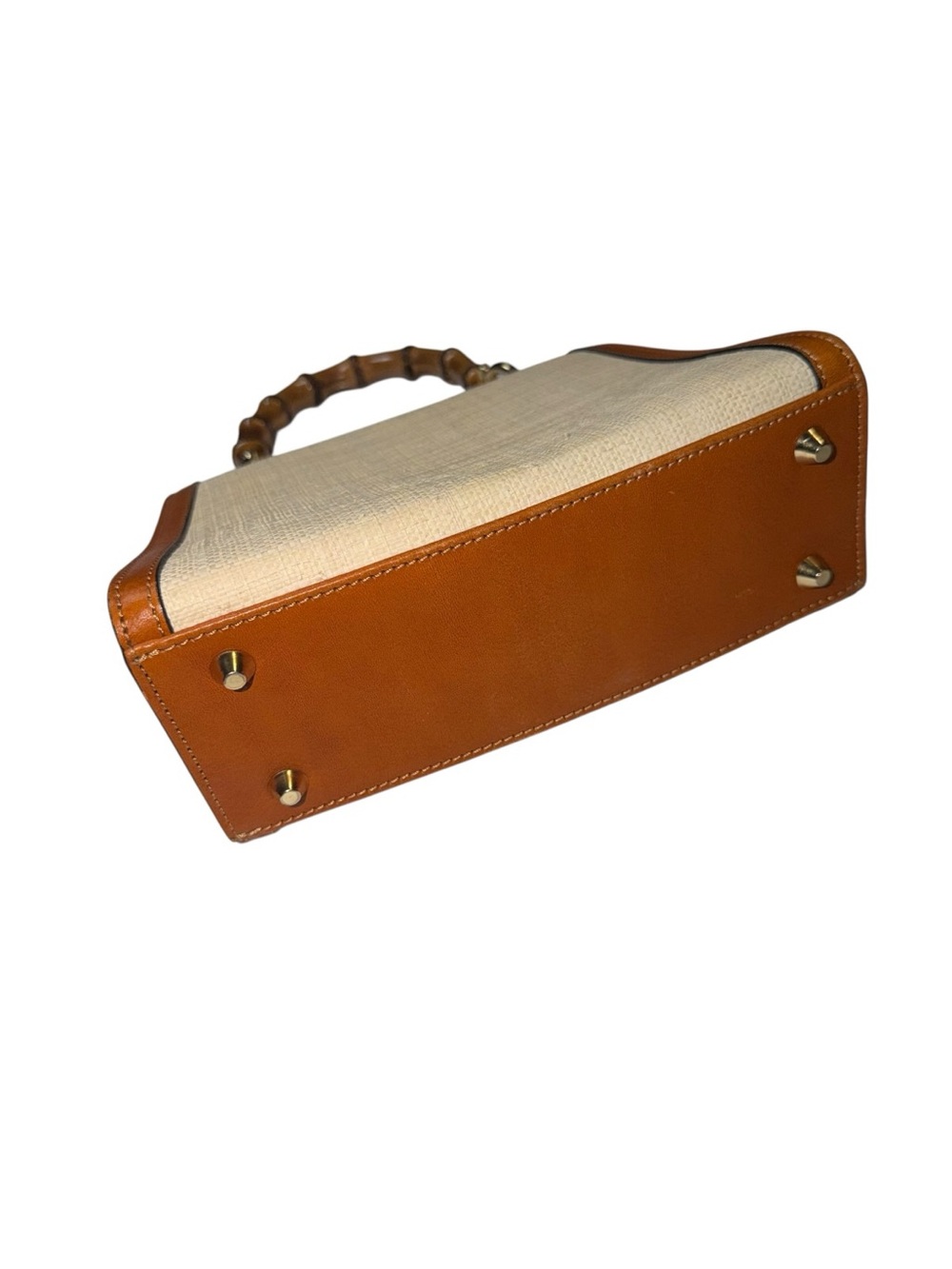 Pratesi Firenze Italy Bamboo Handle Leather Linen Top Handle Satchel Handbag Mad - Picture 9 of 9